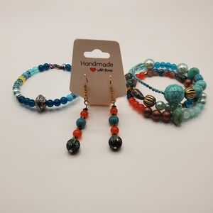 Beaded Jewelry Set with Blue and Red Accents
